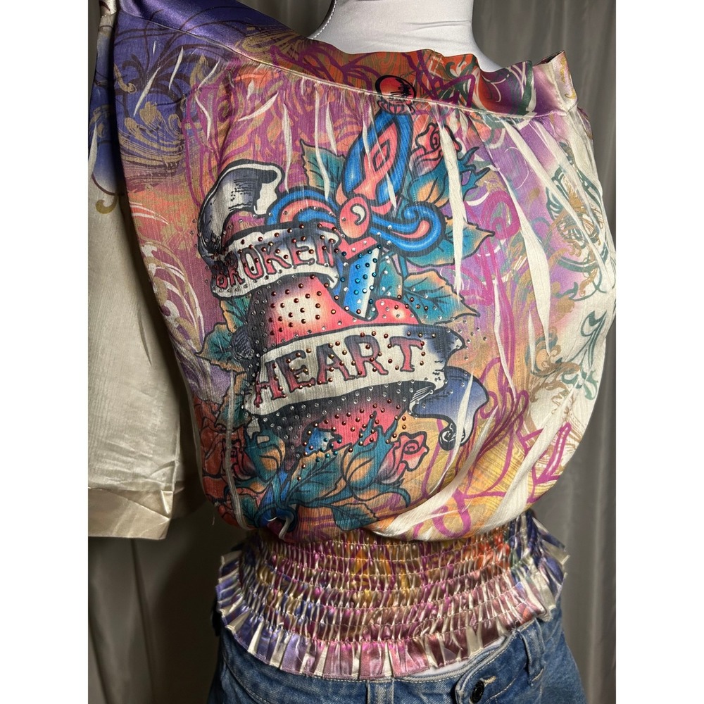 One Shoulder Tattoo Print Blouse Broken Heart Rhinestone Smocked y2k grunge - Picture 3 of 7